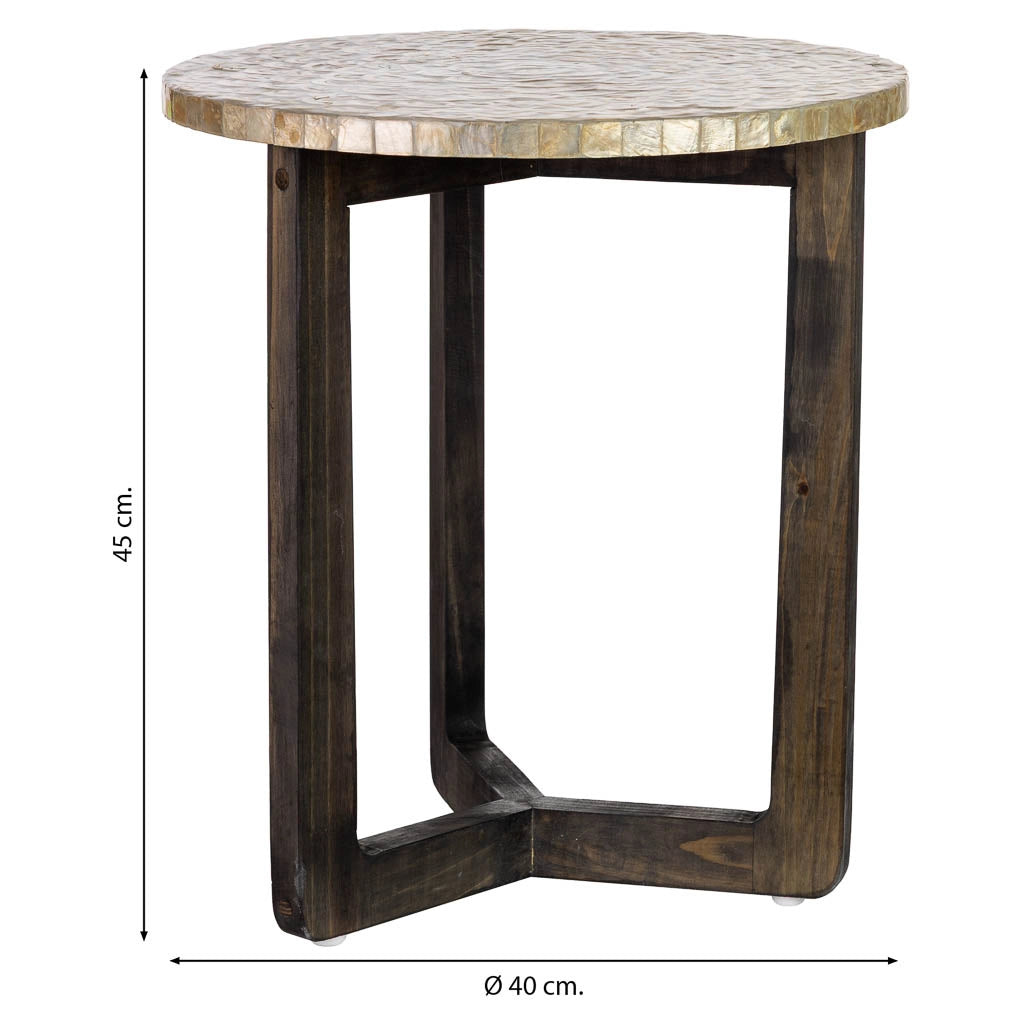 Tavolino ausiliario in legno e capiz bianco D40x45h cm