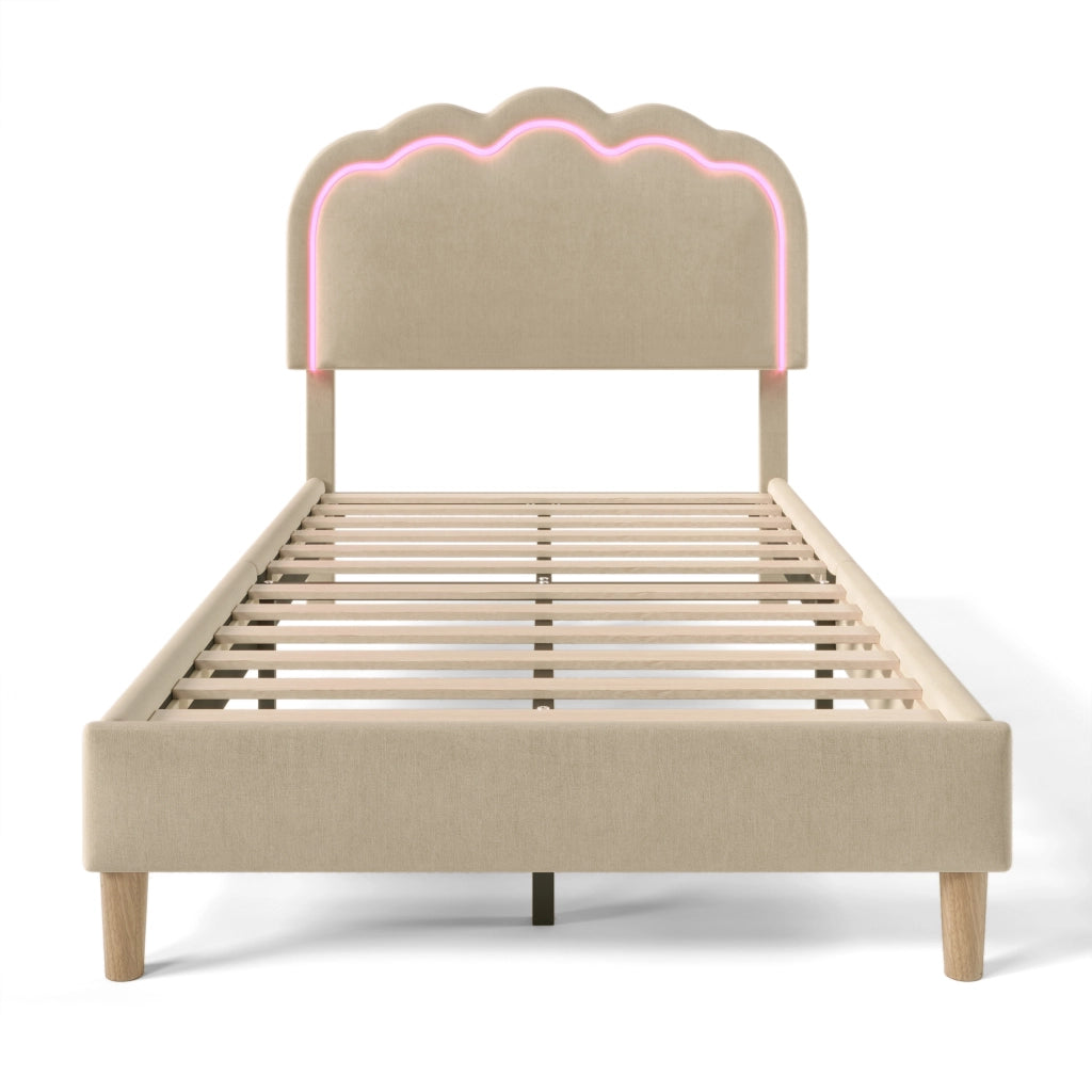 Letto singolo LED – 90x200 cm – testiera regolabile rete – lino beige