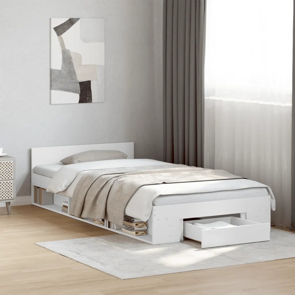 Letto singolo | Letto per adulti | Giroletto con Cassetto Bianco 100x200 cm in Legno Multistrato