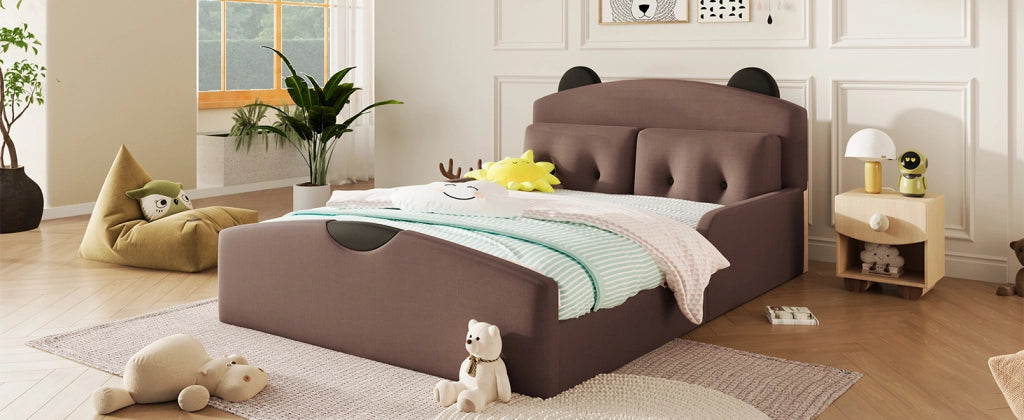 Letto per bambini 140 × 200 cm con testiera imbottita a forma di orso e 2 cuscini, senza materasso, in lino, caffè