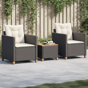 Set da BistrÃ² 3 pz con Cuscini Nero Polyrattan e Legno Acacia