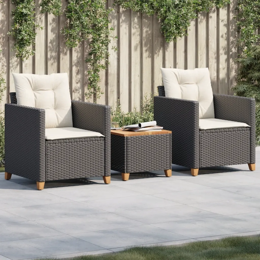 Set da BistrÃ² 3 pz con Cuscini Nero Polyrattan e Legno Acacia