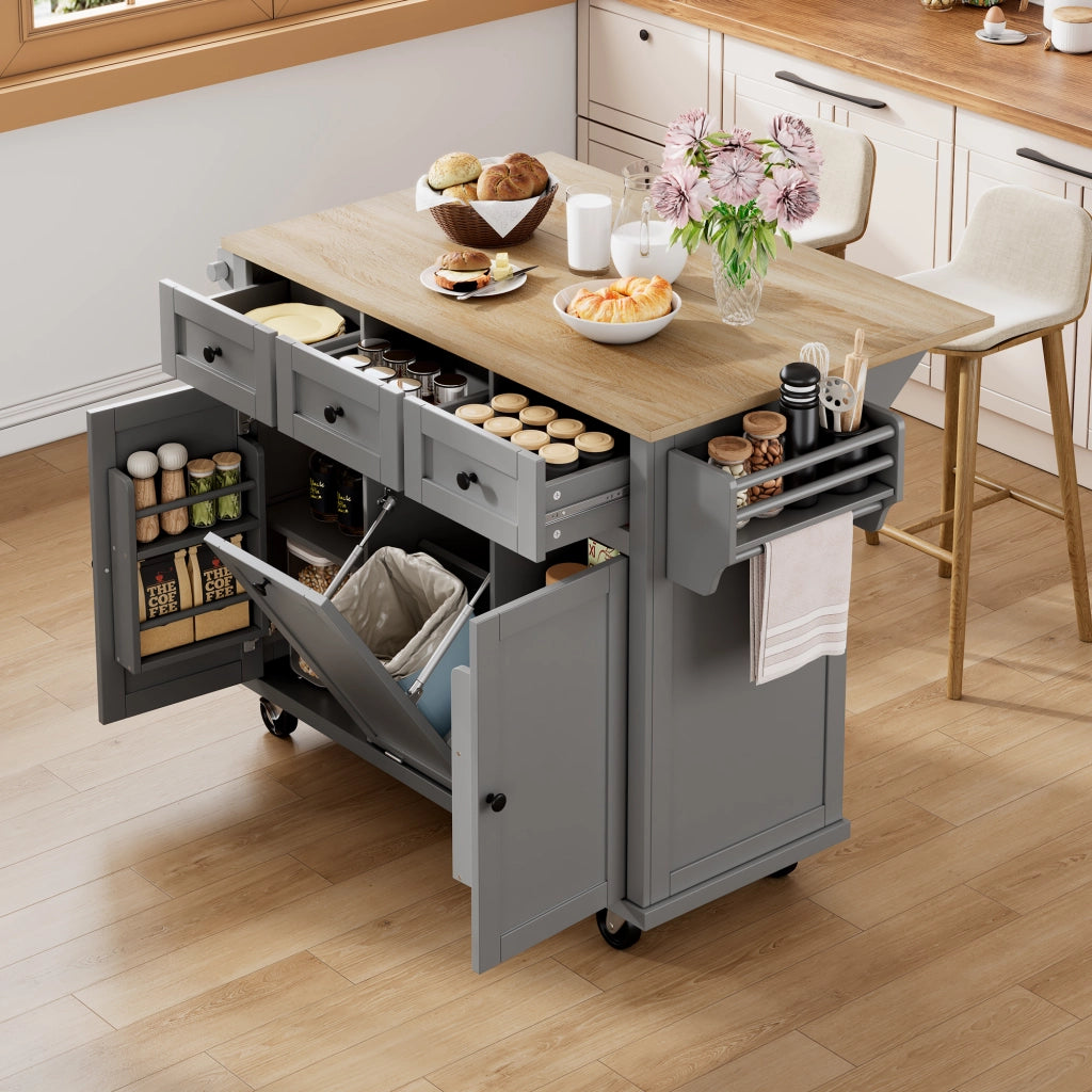OKWISH Carrello da cucina con 2 cassetti, piano pieghevole, vano per rifiuti e portasalviette, 112 x 46.2 x 92.7 cm