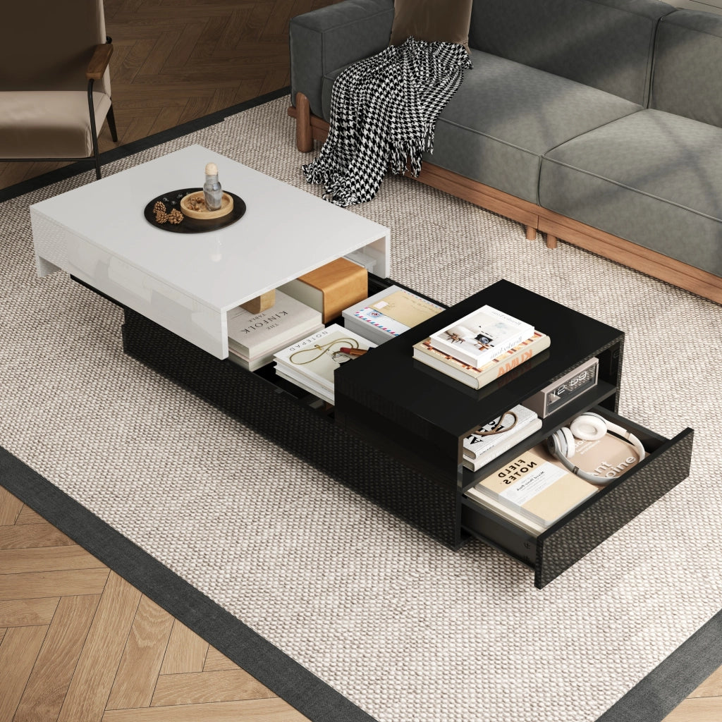 Tavolino da caffè con 2 cassetti e piano alzabile; per soggiorno; 100×50×38 cm; bianco nero