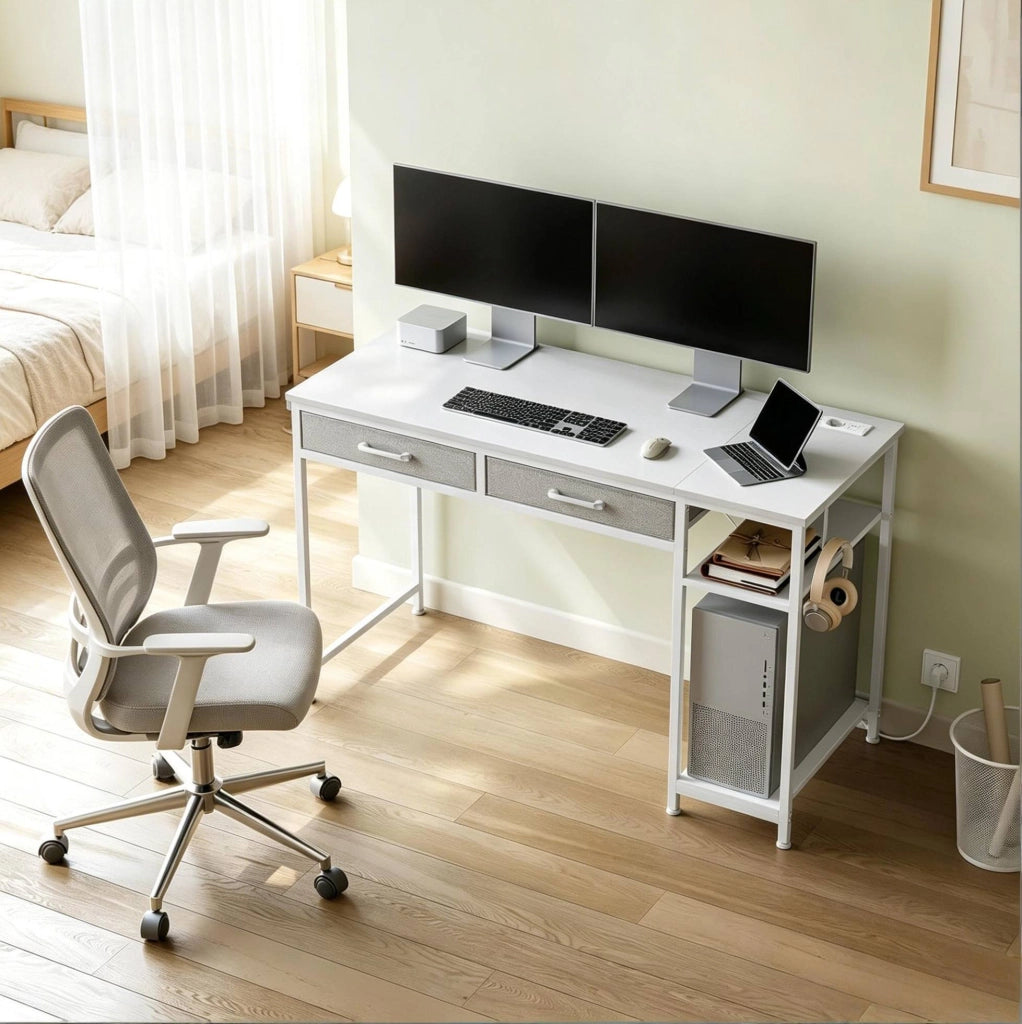 Scrivania ULEVR 120x51x75 cm con 2 cassetti in tessuto, ripiano laterale, prese USB e Type-C, bianca