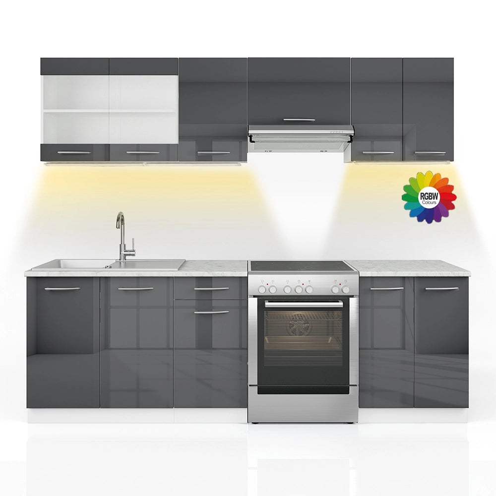 Mobile da cucina Raul Antracite lucido/Bianco 240 cm, PL Marmo con striscia LED Vicco