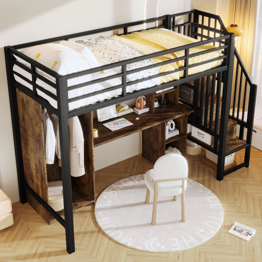 Letto a castello nero in metallo con stoccaggio armadio e scrivania 90x200 cm