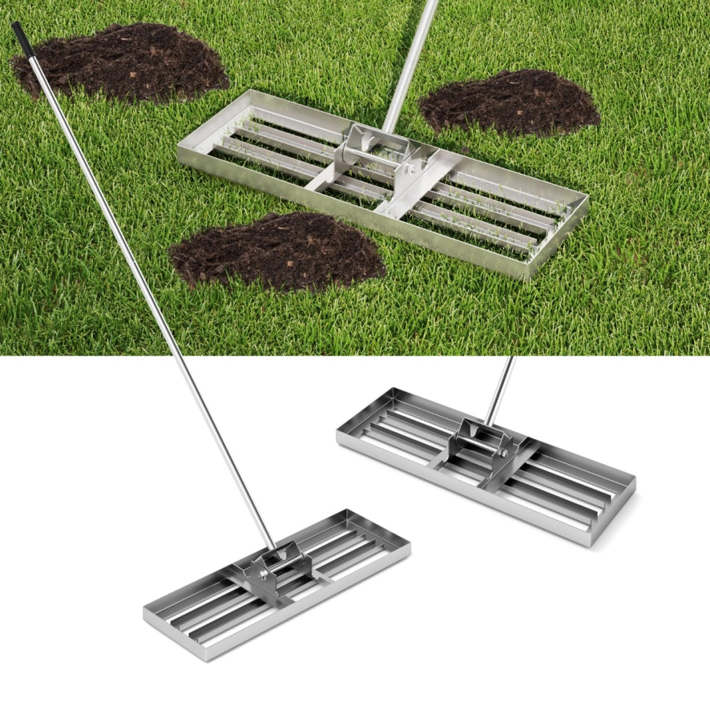 Rastrello livellatore per prato cortile, Livellatore giardino con impugnatura ergonomica e piastra 75 x 25 cm Argento-Attrezzi da giardino