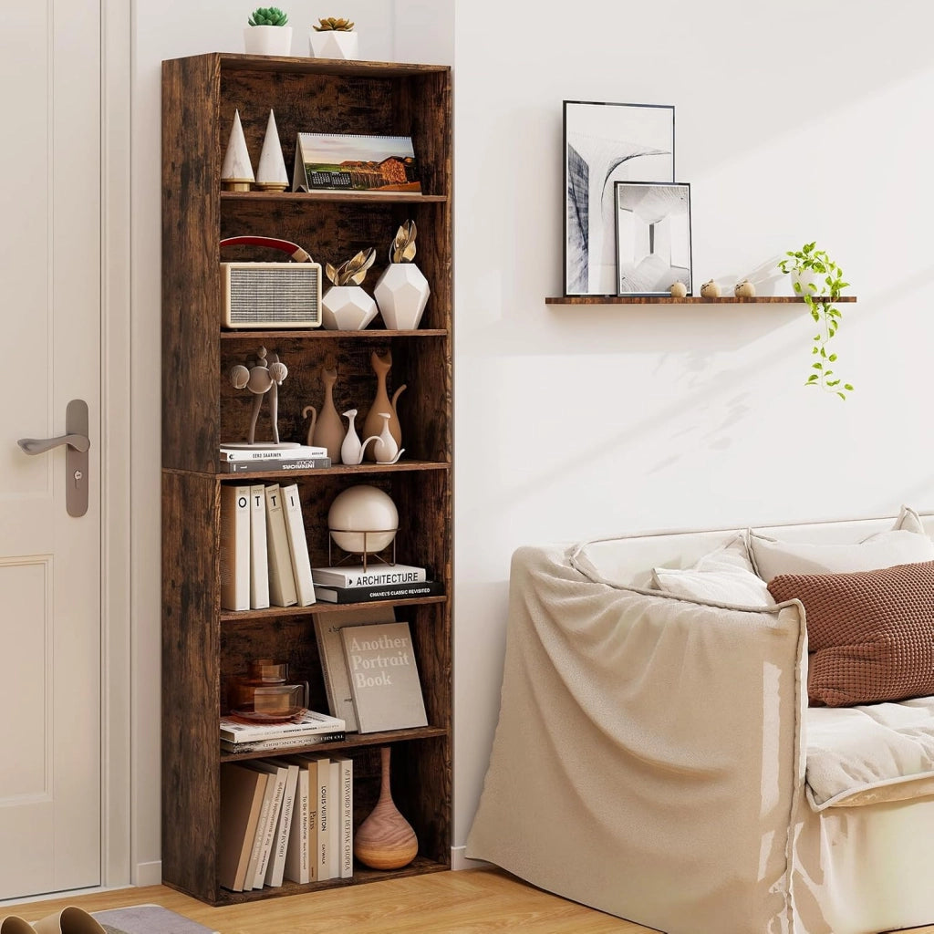 Libreria a 6 Ripiani, Organizzatore per Libri da Terra con 2 Kit Antiribaltamento, Scaffale Moderno per Esposizione per Soggiorno Camera Studio, 60 x 23,5 x 178 cm (Marrone)