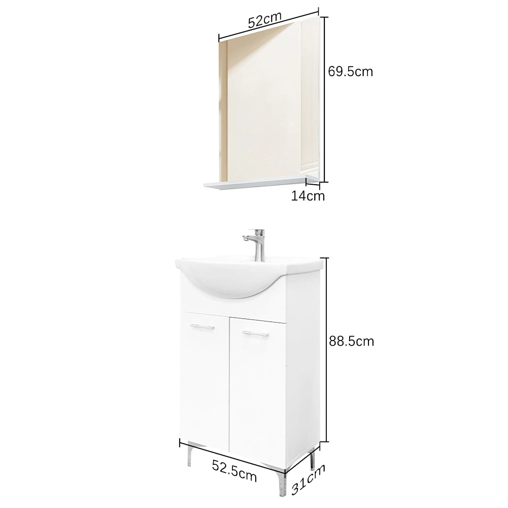 Set Completo Mobile da Bagno da Terra 55 cm Due Ante Bianco Specchio e Accessori