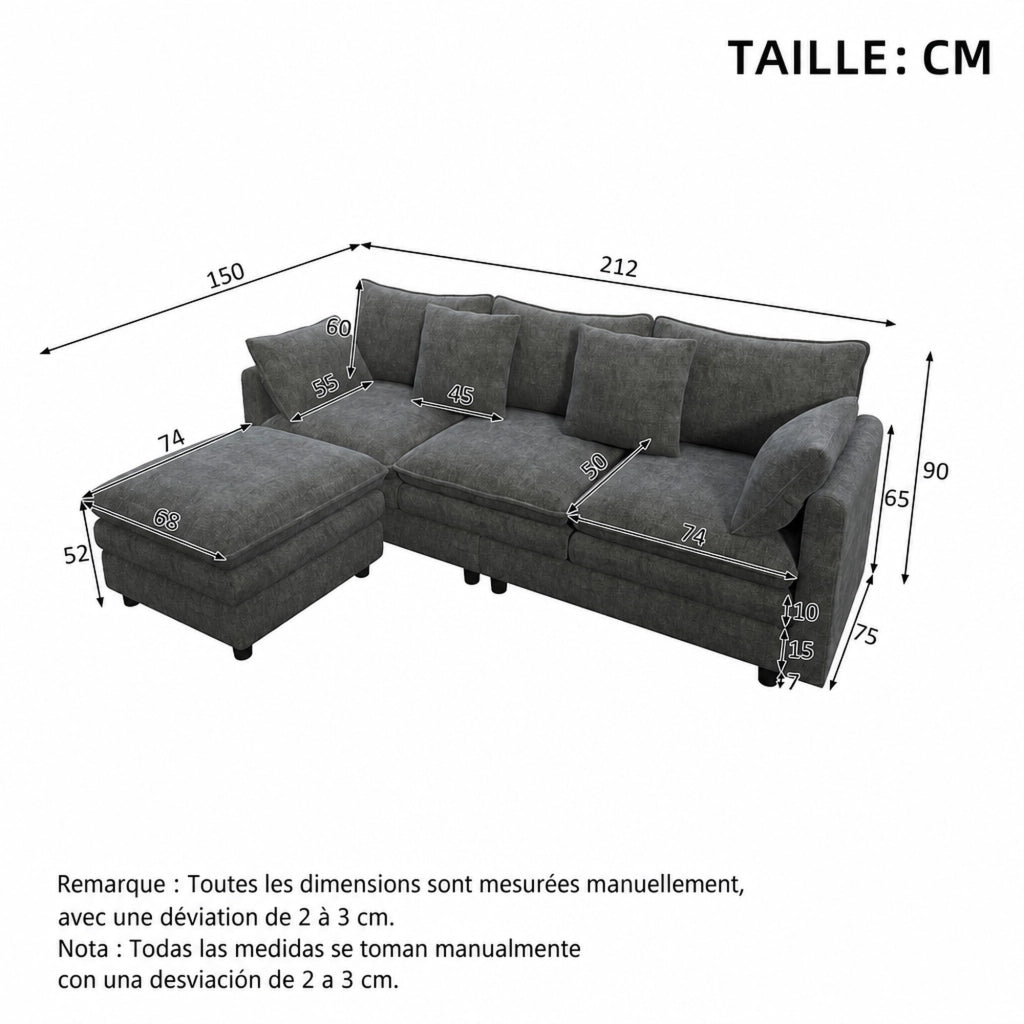 Divano angolare a L in Chenille grigio con chaise longue mobile