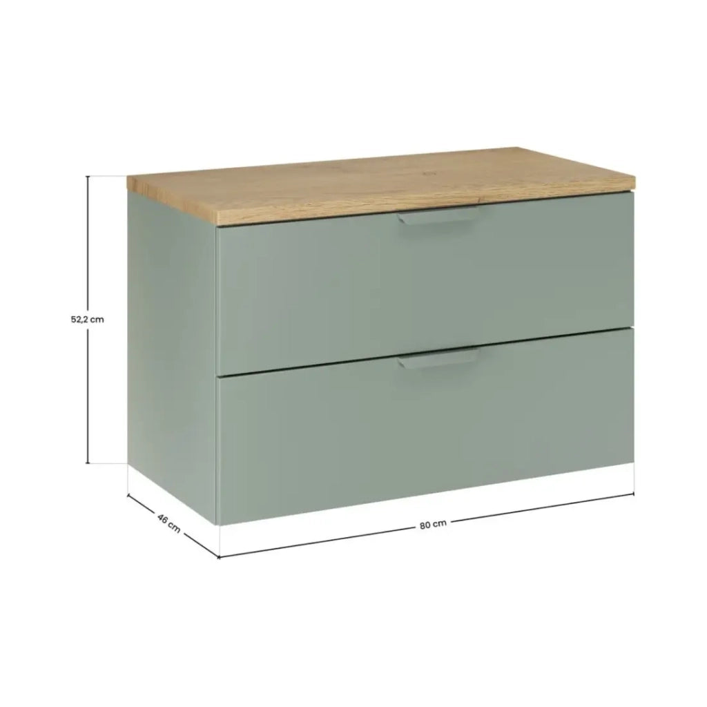 Set da bagno sospeso OSTER 80cm: mobile sottolavabo con cassetti verde salvia + piano per lavabo effetto rovere chiaro