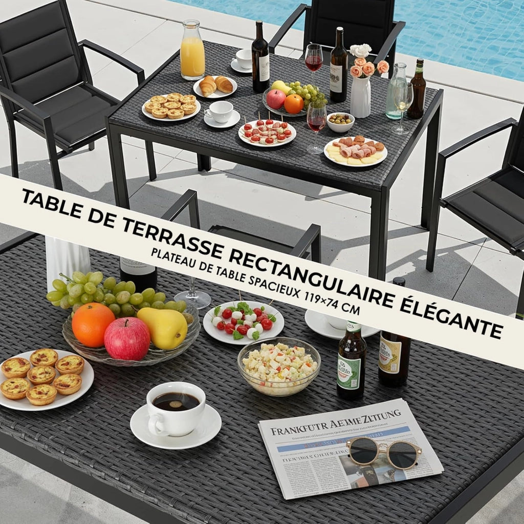 Tavolo da Giardino Rettangolare 4-6 Persone in PE Rattan e Metallo, 119x74 cm, Tavolo da Pranzo Esterno, Resistente alle Intemperie per Terrazza Balcone, Facile da Pulire,Grigio,4 PCS Gambe