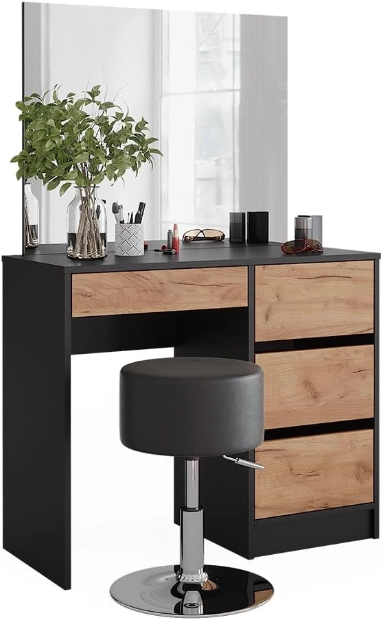 Tavolo da toilette Sherry, Antracite/quercia dorata, 90 x 75 cm con specchio e sgabello, con panca e grande specchio per un utilizzo versatile