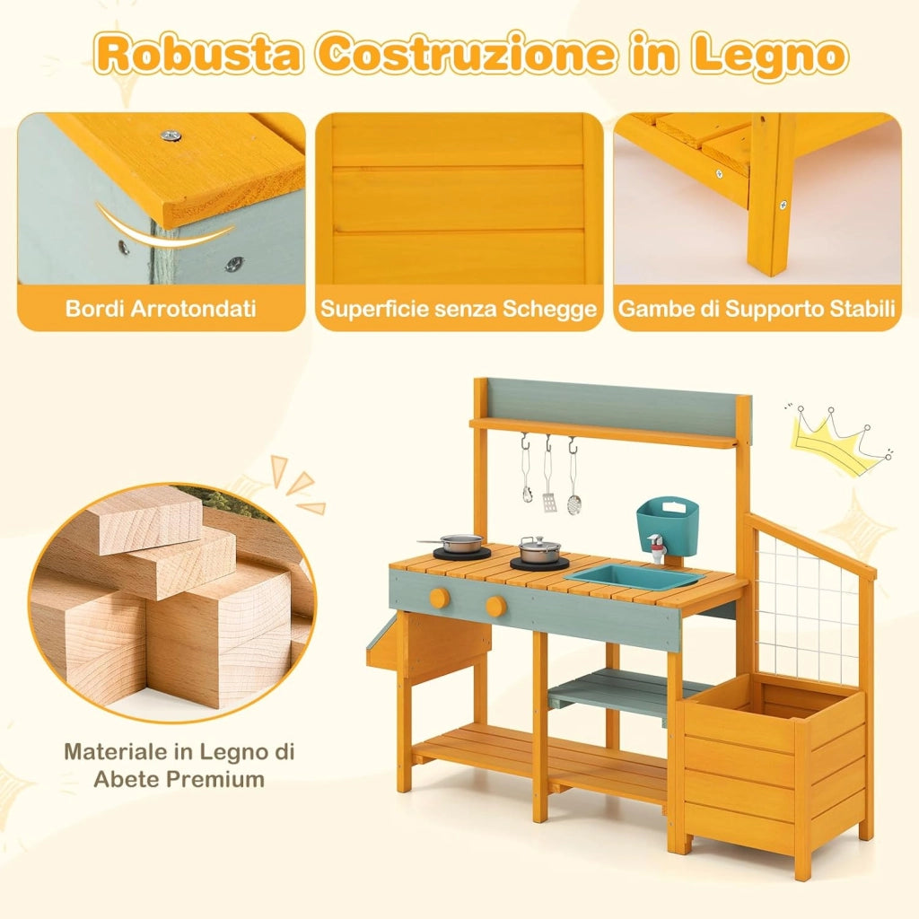 Cucina da Esterno in Legno per Bambini, Cucina da Gioco con Cassettiera per Piante, Lavandino Rimovibile, Rubinetto, Fornelli e Accessori, per Bambini 3-8 Anni (Verde Chiaro + Giallo)
