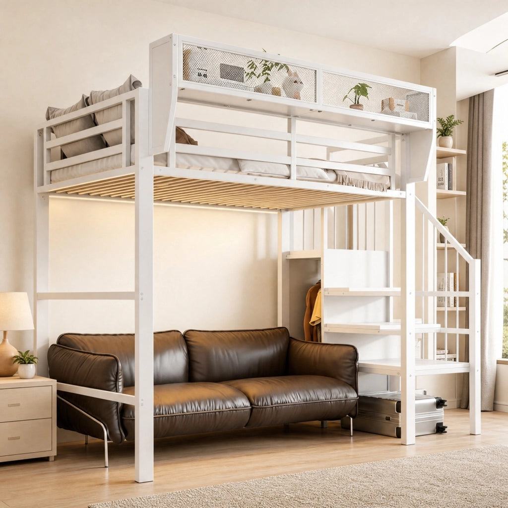 Letto a soppalco 90x200 cm in metallo e MDF; con LED; scala di sicurezza; bianco