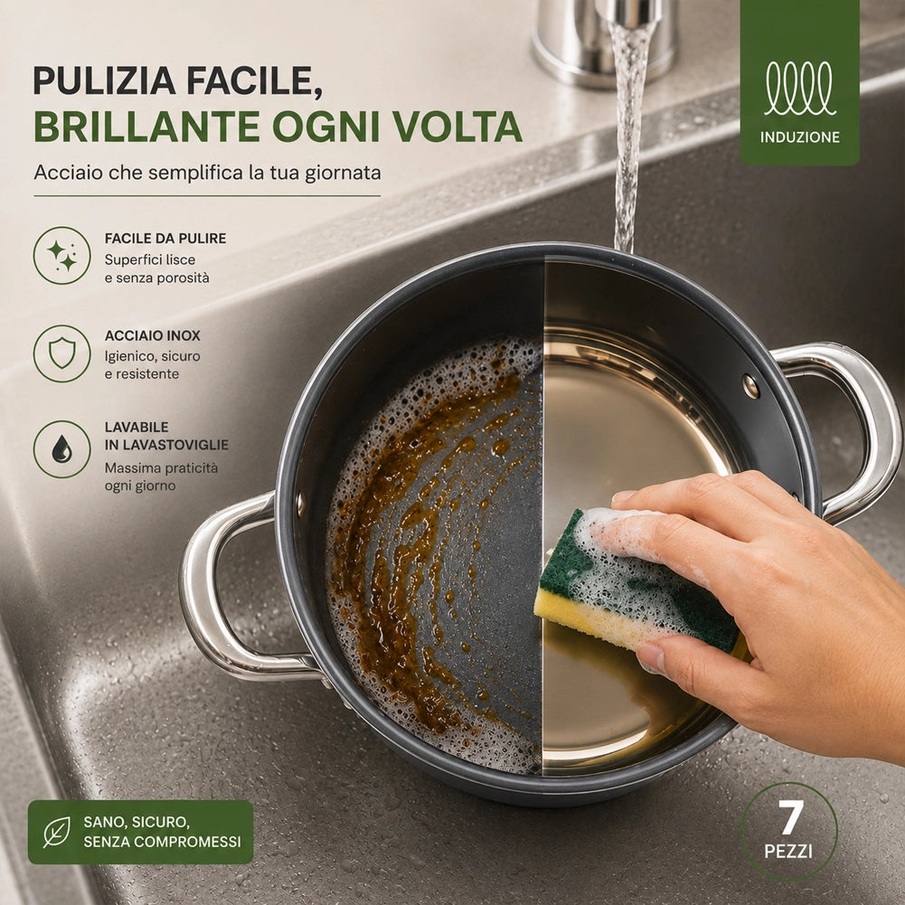 Batteria di Pentole Acciaio Grigio 7 Pezzi Pentole Adatte a Tutti Piani Cottura