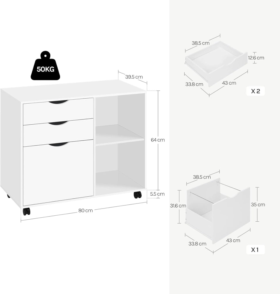 Schedario Mobilet con 3 Cassetti e 2 Ripiani Aperti, Cassettiera con 5 Ruote e Binario per Appendere, Armadio Ufficio per Cartelle e Documenti a4, 80x39,5x69,5 cm, Bianco