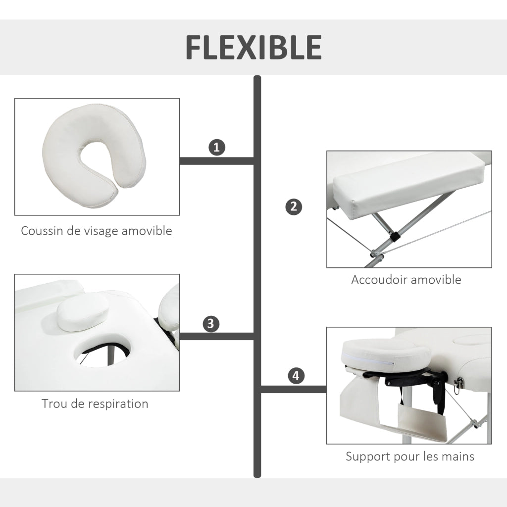 Tavolo da massaggio pieghevole 3 zone ¨C zephmum ¨C bianco, allungabile, 225 kg