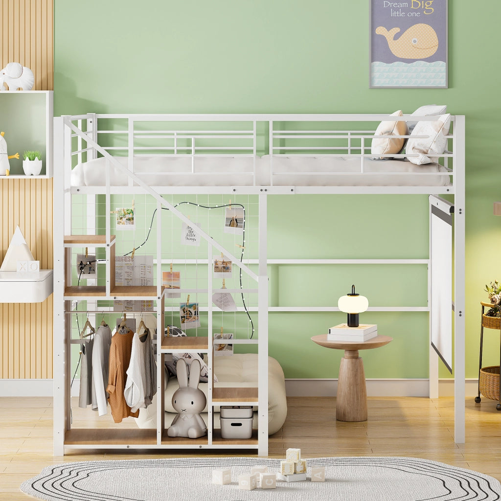 OKWISH Letto a Soppalco 140×200 cm, Letto Matrimoniale con Scala, Contenitore, Armadio e Sponda, senza Materasso, in Metallo, Bianco