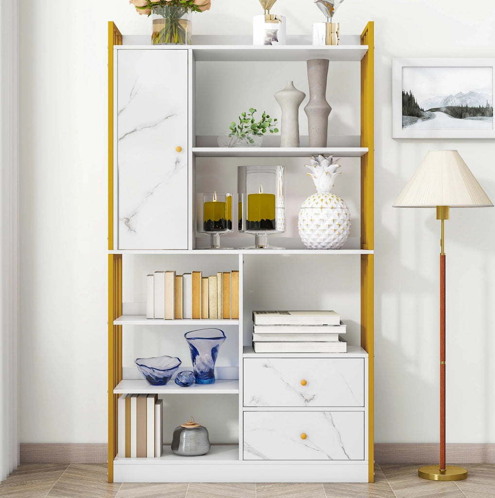 Libreria  100 x 30 x 173,5 cm bianco e oro – 6 ripiani, ante e cassetti