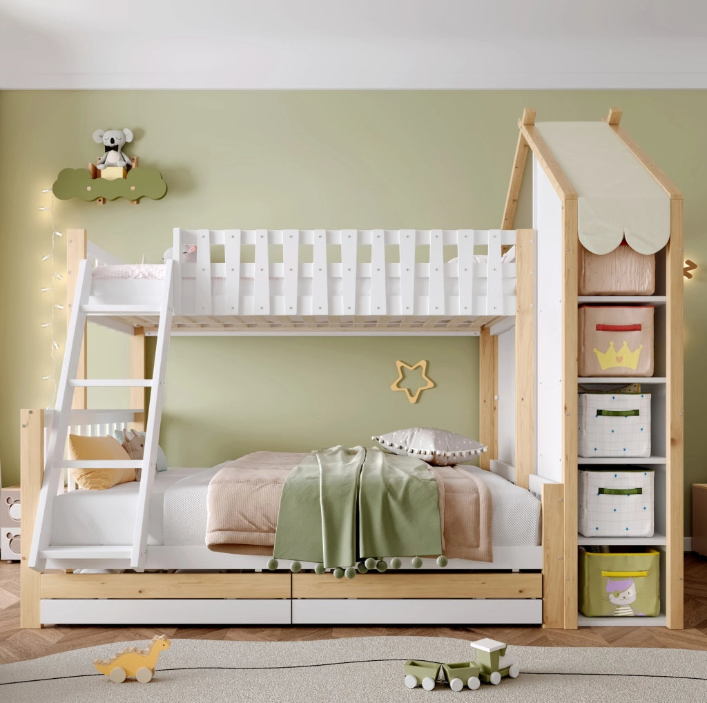 Letto a castello per bambini 90x200 cm + 140x200 cm con scala; 2 cassetti e contenitori; bianco e naturale
