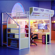 Letto a Soppalco con Scrivania ¨C Xylo ¨C Metallo, LED, Bianco, 140x200