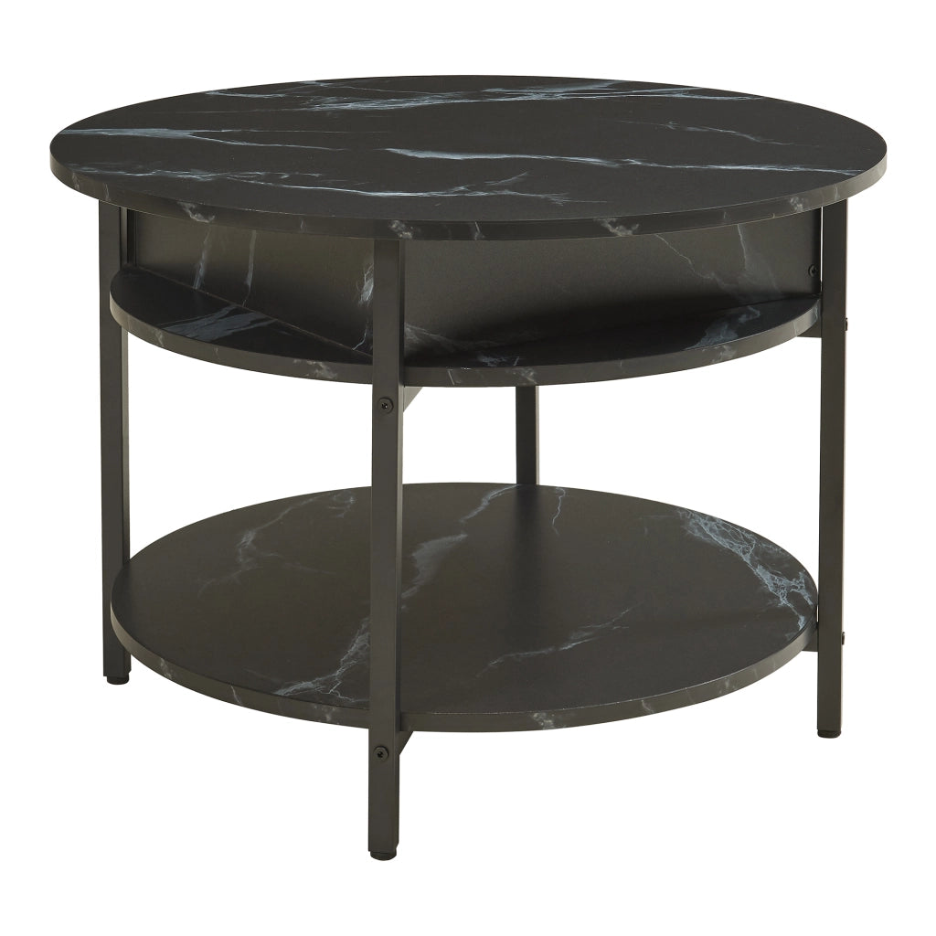 Tavolino da Caffè Kandas con Piano Rotondo Sollevabile (ØxA): 70x49 cm - Effetto Marmo Nero [en.casa]