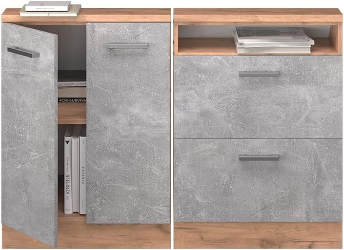 Mobile cucina sottotetto R-Line, Calcestruzzo/quercia dorata, 140 cm Set di 2