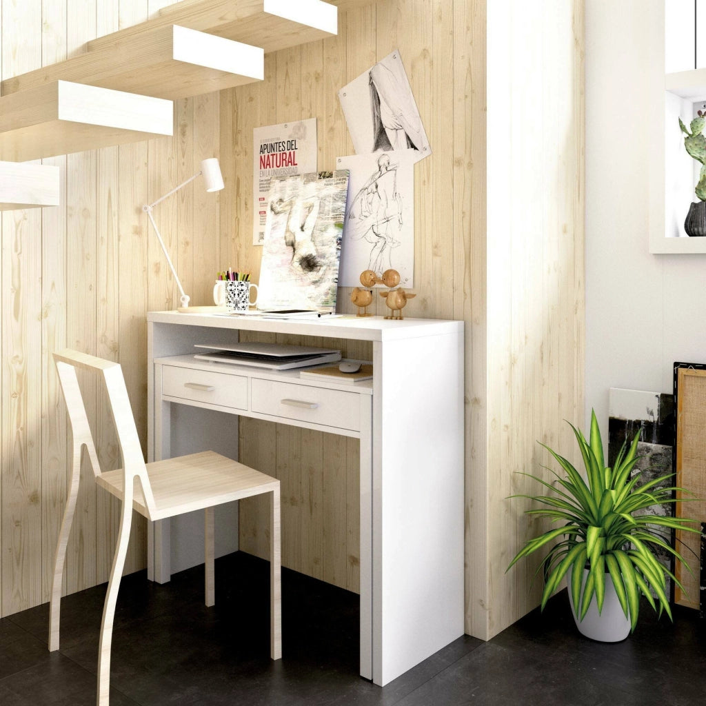 Scrivania Abarath, Scrittoio multiposizione con piano estraibile, Consolle da studio lineare con 2 cassetti, 99x70h88 cm, Bianco