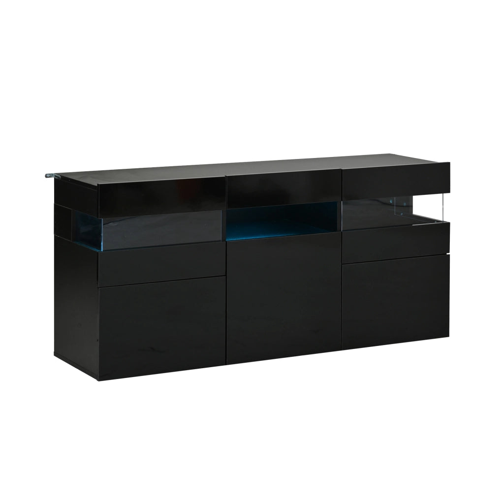 Credenza moderna nera con 3 ante, LED con app, finitura lucida e 7 vani