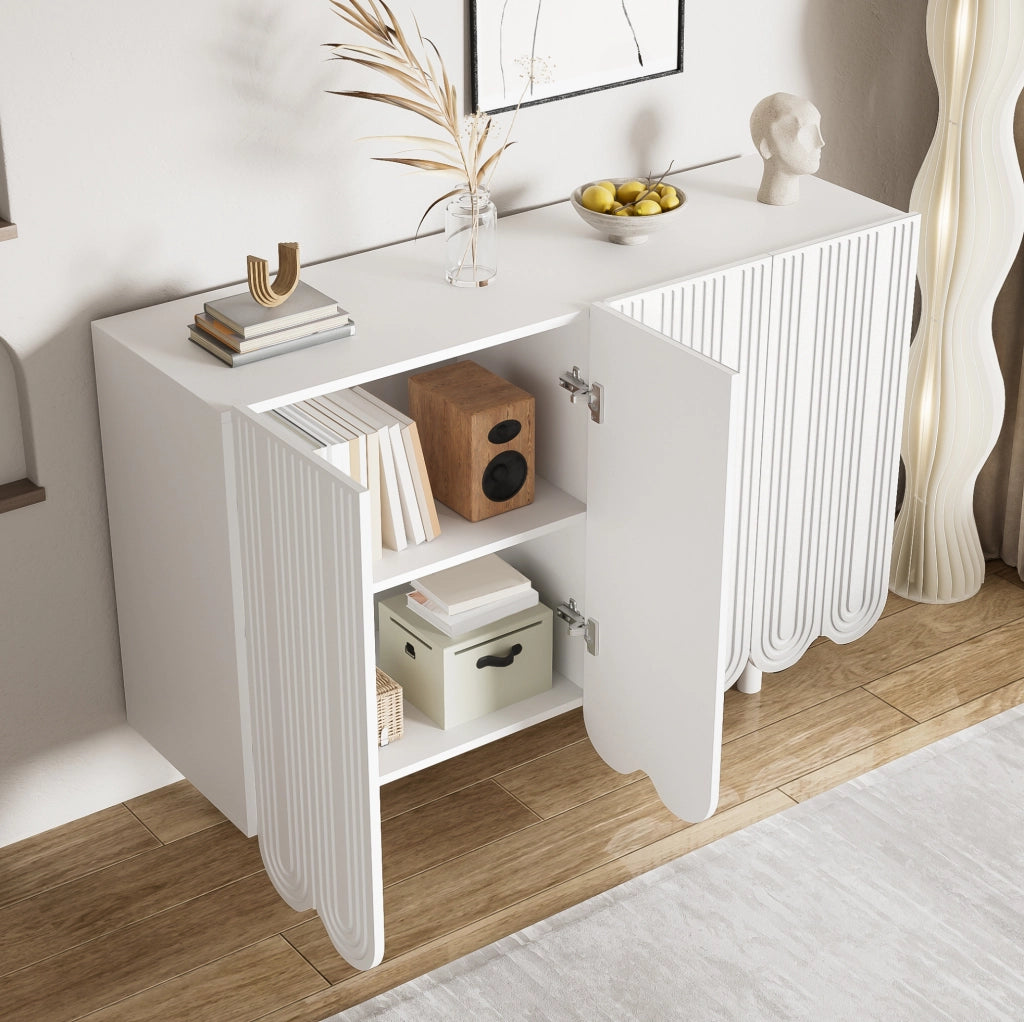 Sideboard bianco in MDF con intagli a goccia e cerniere ammortizzate, 120x80,8x37,5 cm