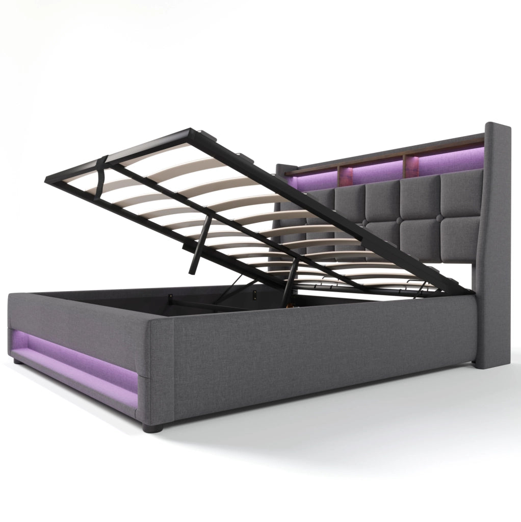 Letto matrimoniale imbottito 140x200 cm in lino grigio con LED; USB e contenitore