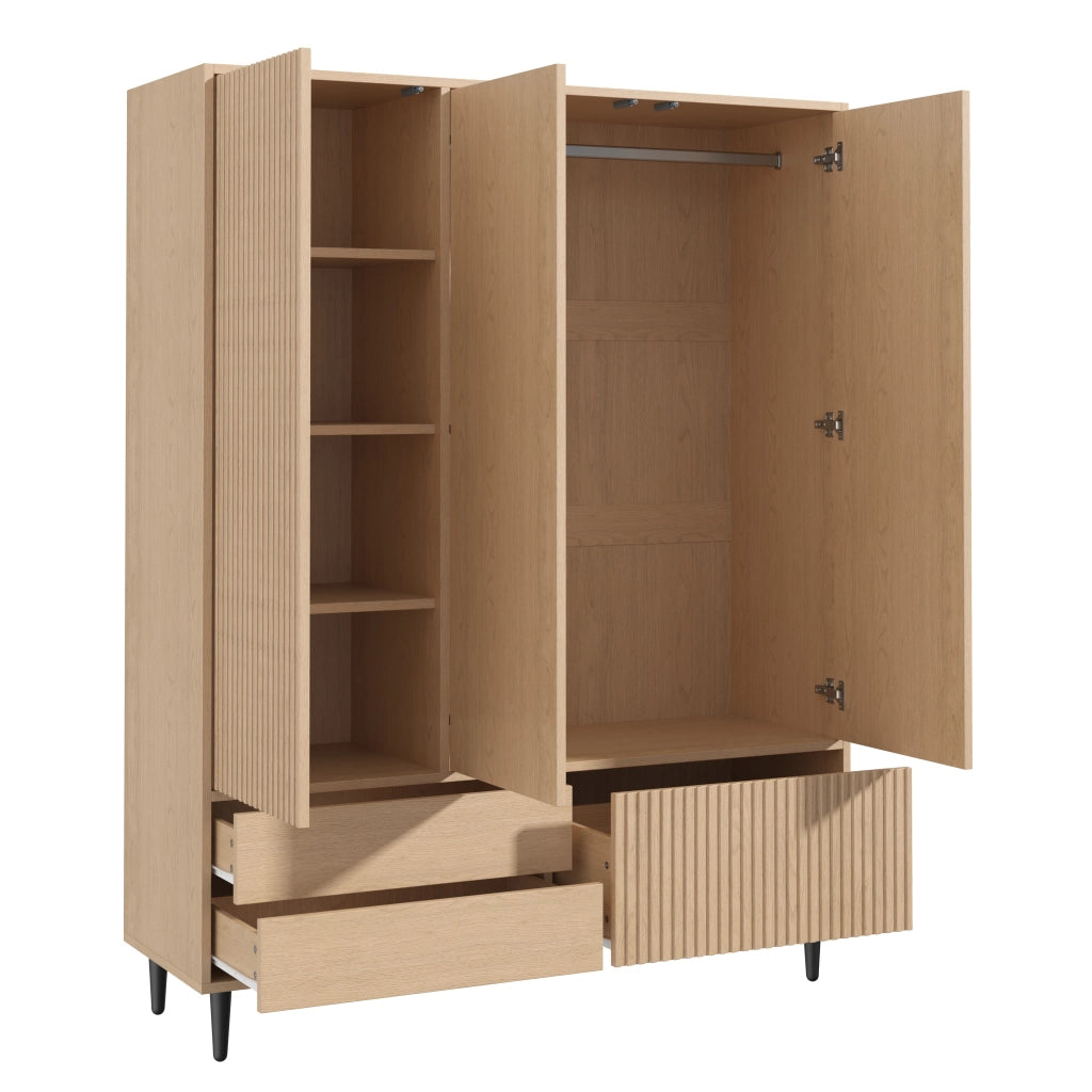 Armadio guardaroba 3 ante con specchio; 3 cassetti e appendiabiti 135x45x200 cm