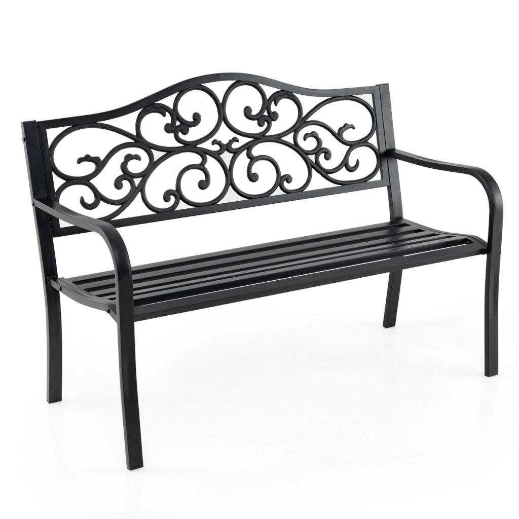 Panchina da giardino con schienale a design fiorito e seduta a listoni, Panchina da giardino da esterno da 128 cm Nero