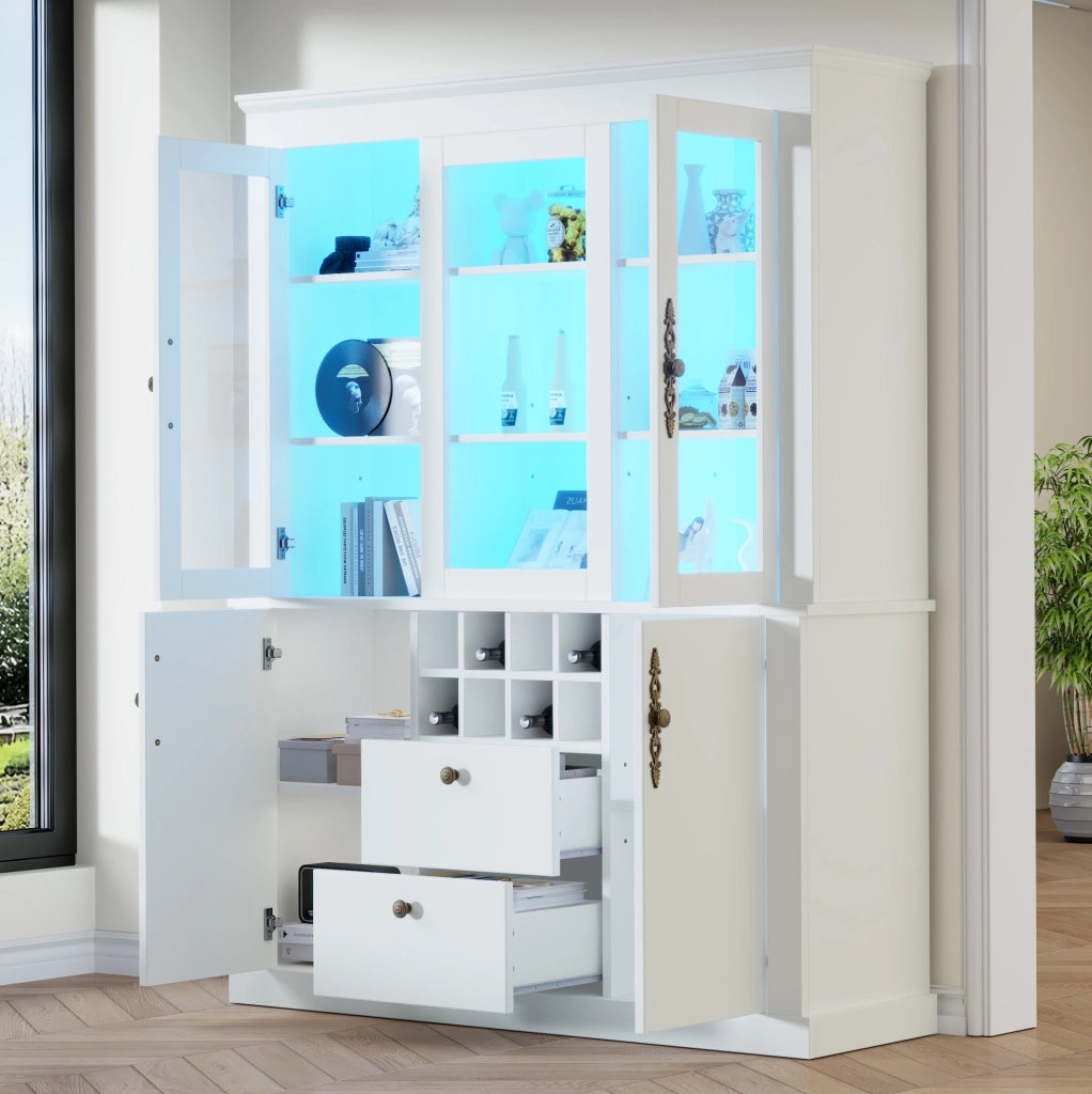 Vetrina bianca con 2 cassetti, 4 ante e illuminazione LED