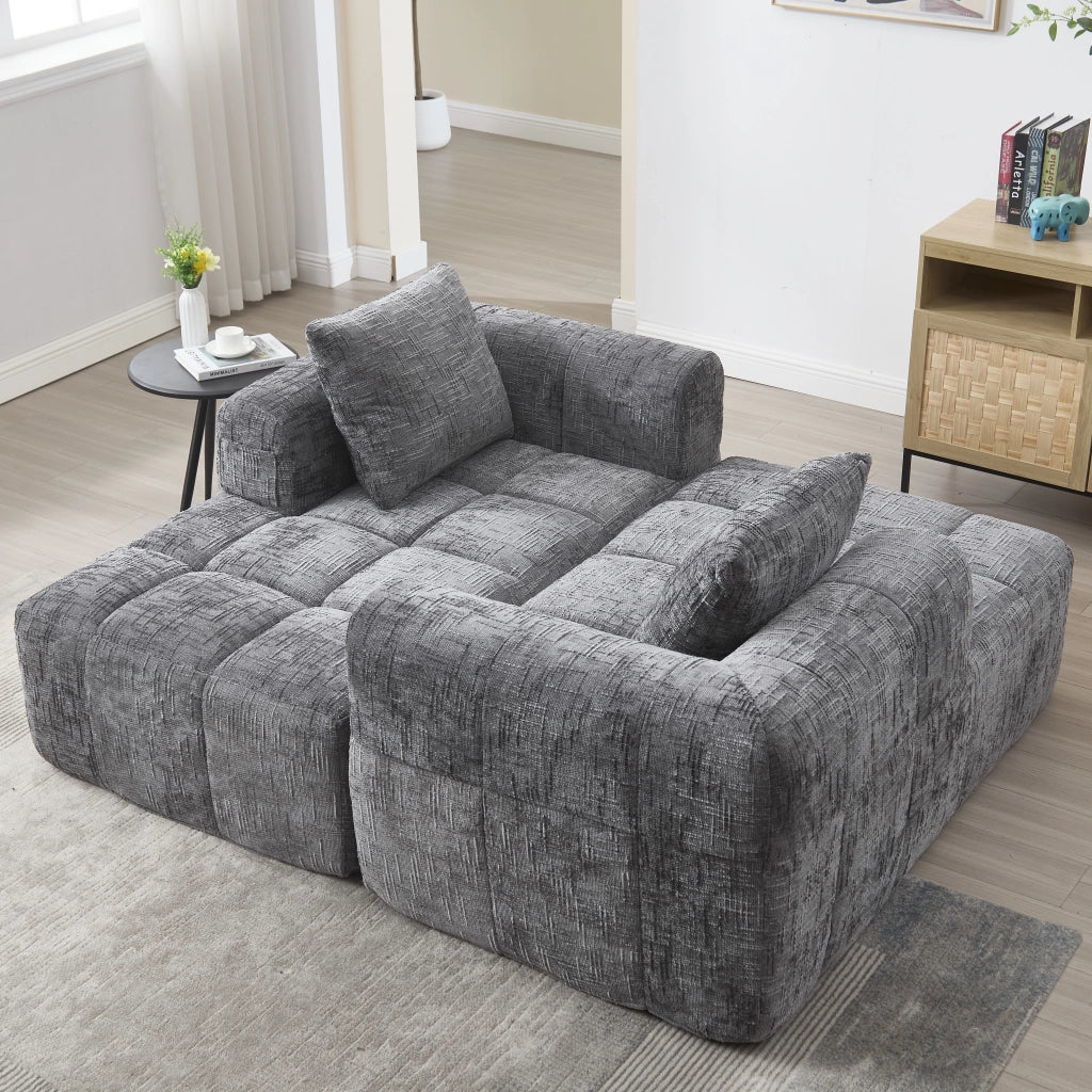 Divano Chaise Longue con Tasche Laterali e Cuscino; Seduta Morbida a Rimbalzo Rapido; in Ciniglia; Grigio; 158 × 90 × 60 cm