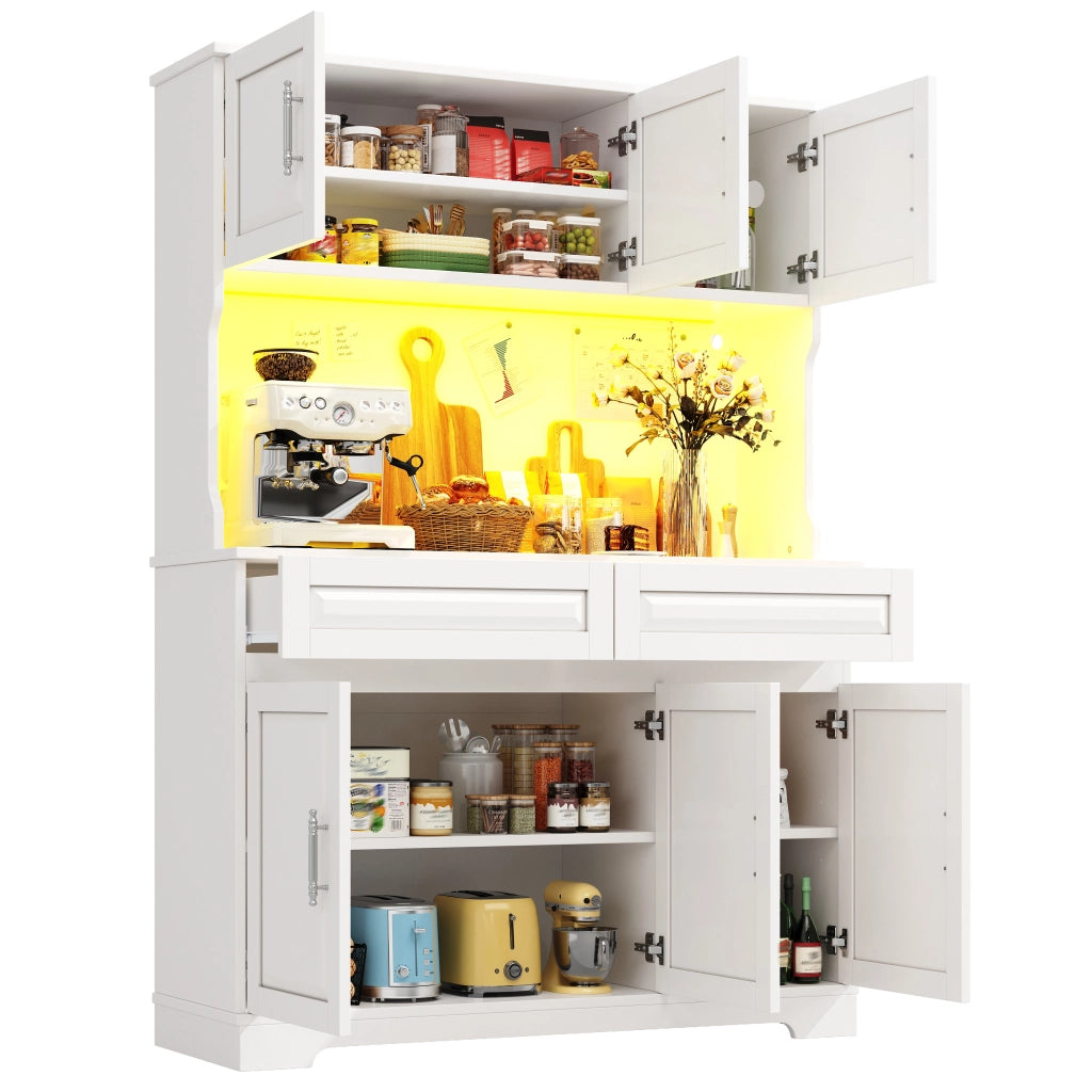 Credenza alta con LED e ripiani regolabili, piano di lavoro, per cucina e sala da pranzo, bianco, 108 × 40 × 180 cm