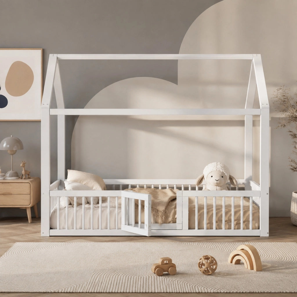Letto a casetta 90 × 200 cm con barriera perimetrale e porta apribile in legno bianco
