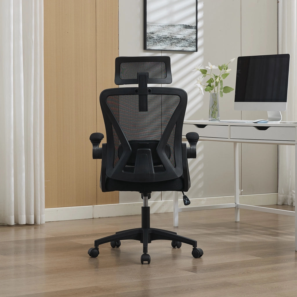 Chaise de bureau ergonomica in rete con supporto lombare regolabile poggiatesta e braccioli pieghevoli nero