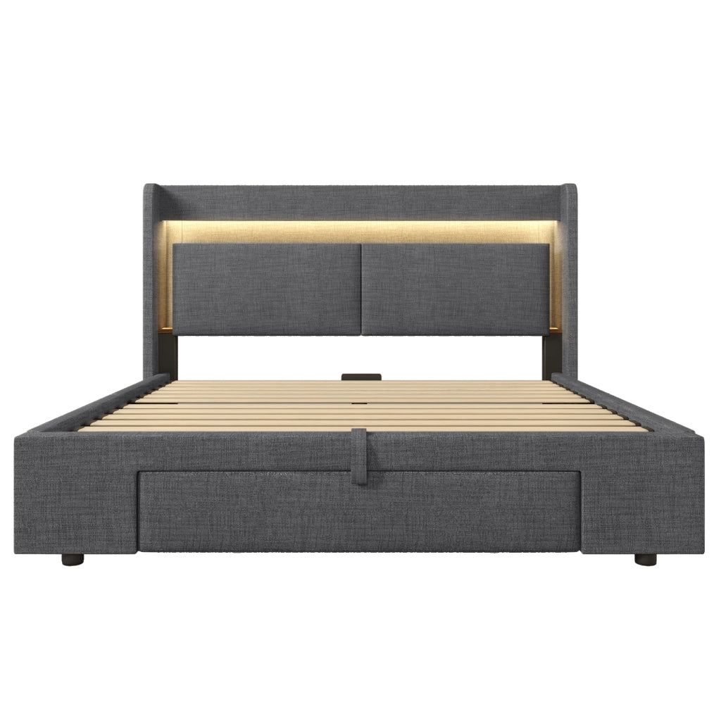 Letti contenitori 140x200 cm con contenitore idraulico e testiera con ricarica; lino; grigio (Senza materasso)
