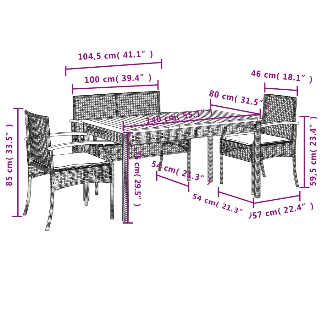 Set da Pranzo da Giardino 4 pz con Cuscini Nero in Polyrattan