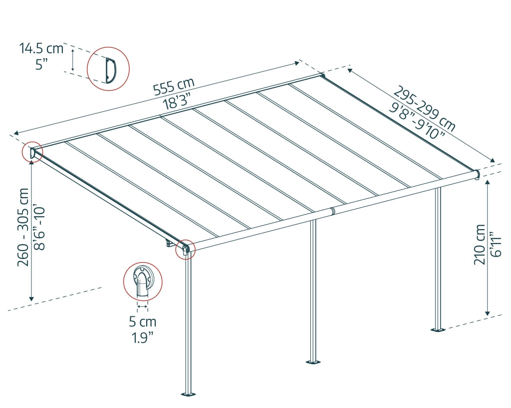 Canopia Sierra Pergola Addossata in Alluminio  3X5.6 m Grigio