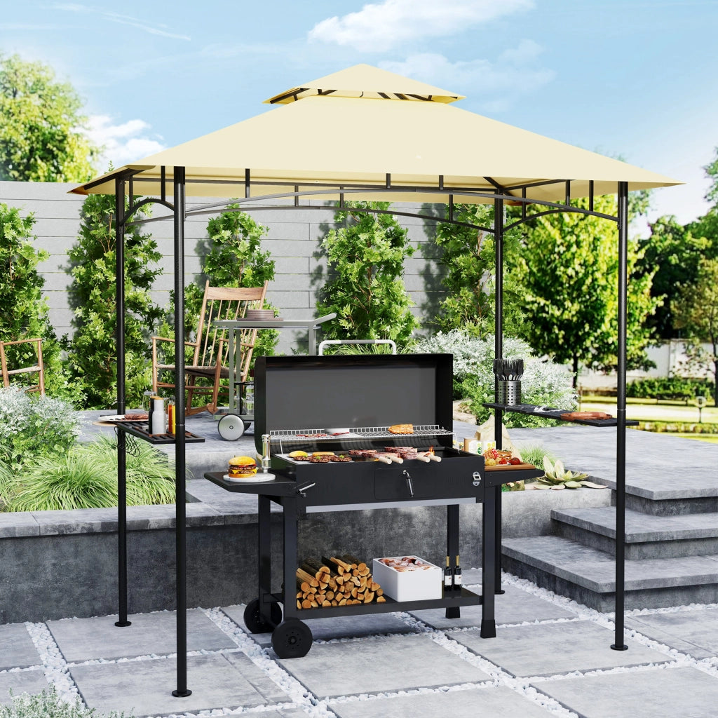 Gazebo BBQ con gazebo da giardino ignifugo a LED 240 x 150 x 258 cm repellente per l'acqua con tetto a doppio strato mensole laterali pergoletti da giardino con protezione UV gazebo barbecue per barbecue da festa beige
