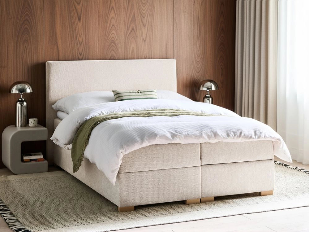Letto matrimoniale con contenitore sollevabile in tessuto beige chiaro 140 x 200 cm con testiera stile moderno