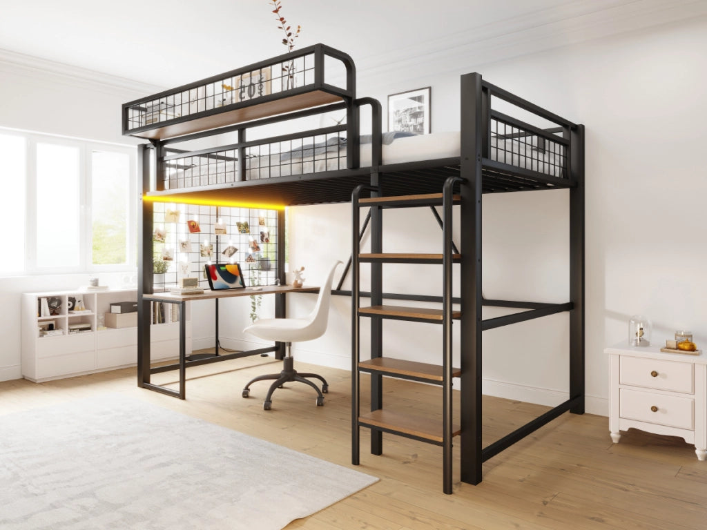 Letto a soppalco 90 × 200 cm con scrivania, rete portaoggetti, LED e presa, senza materasso, in metallo, nero