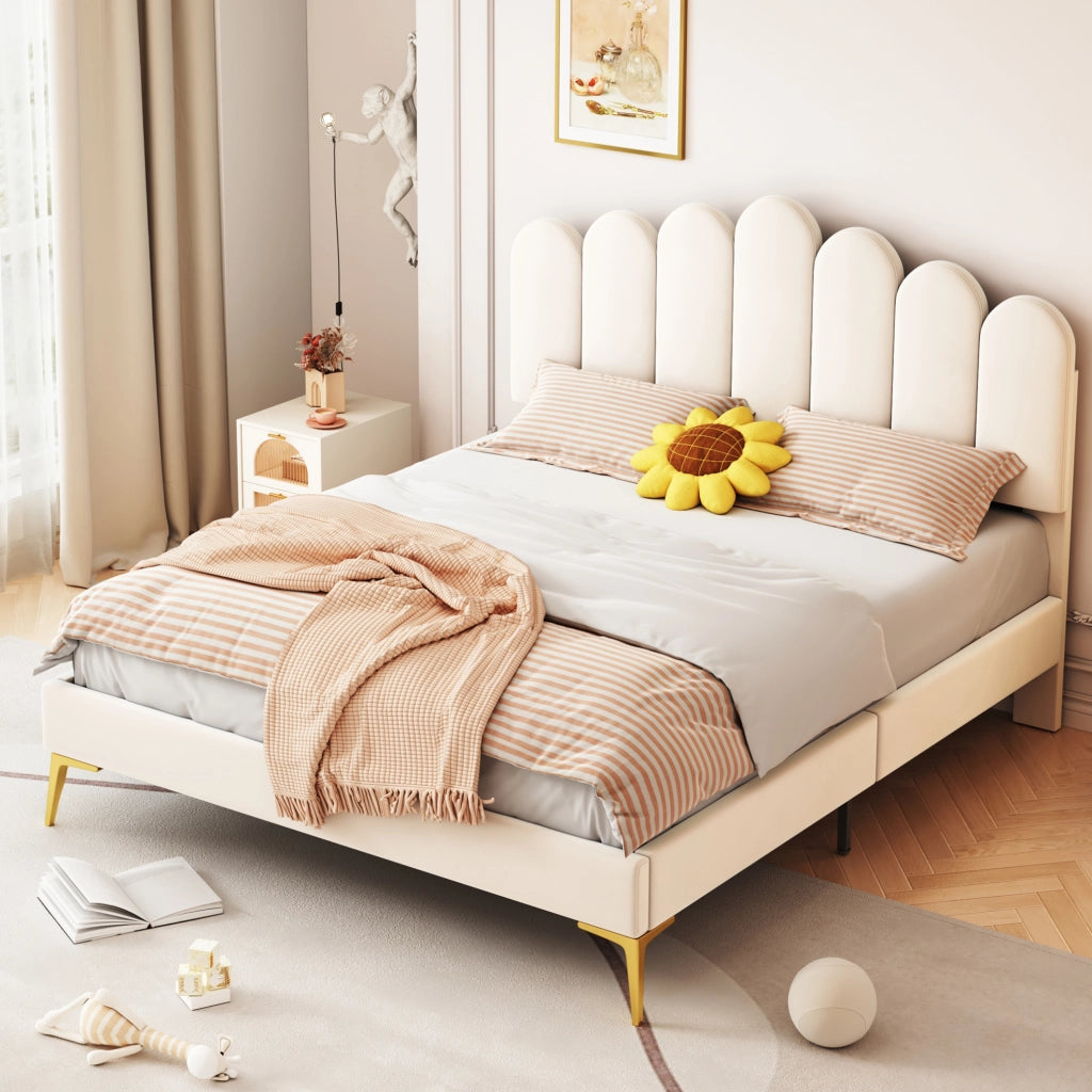 Letto matrimoniale 140x200 cm testiera regolabile in MDF e velluto beige (Senza materasso)