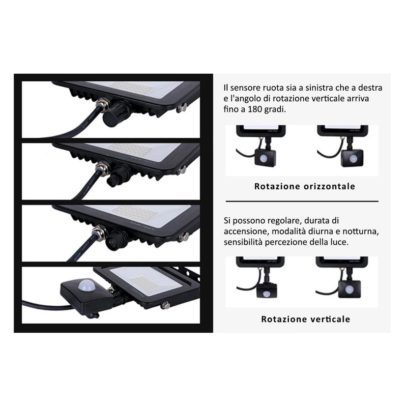Faro Led Flood Light Slim 20W IP65 Bianco Neutro Carcassa Nera Sensore PIR Opzionale CL1918