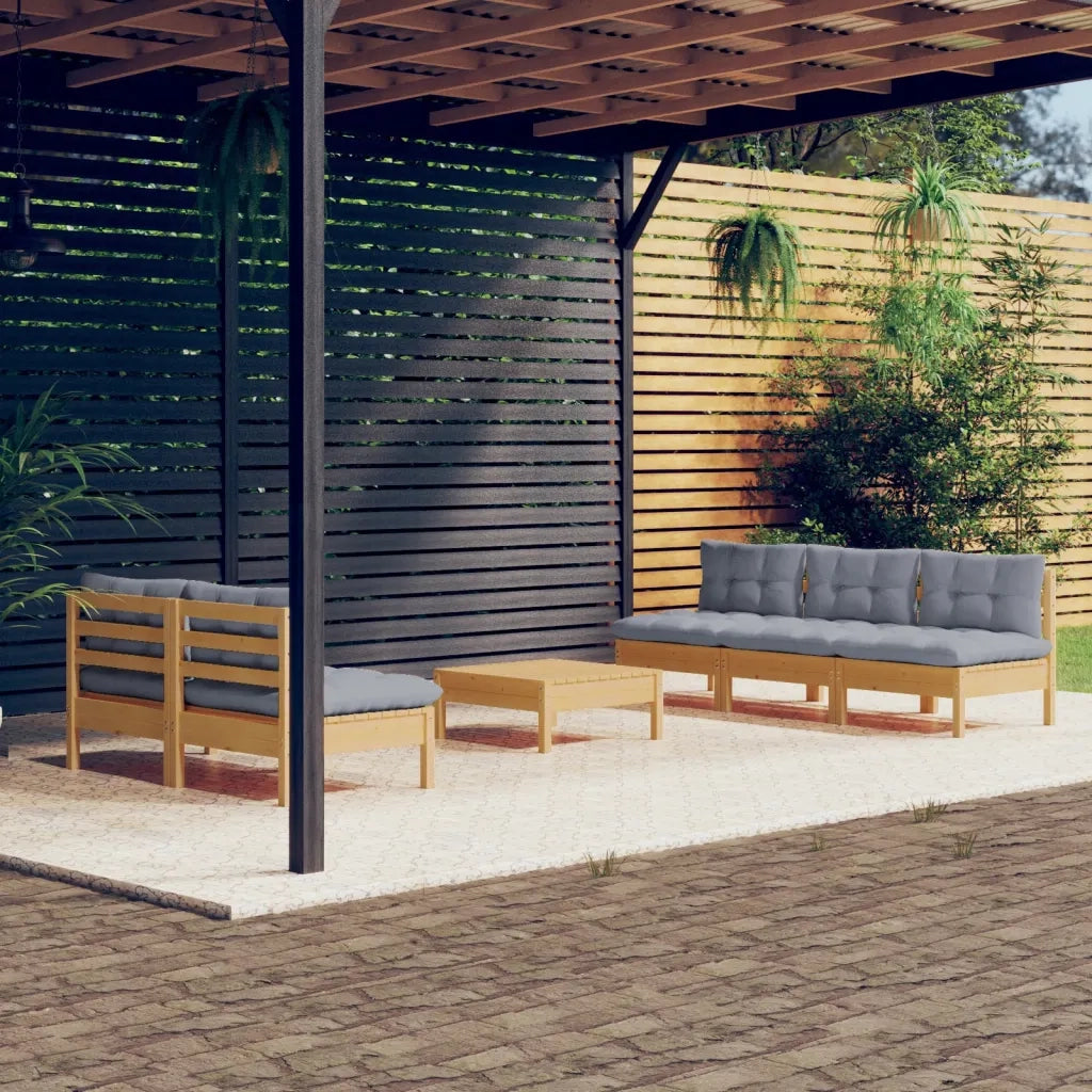 Set Divani da Giardino 6 pz con Cuscini Grigi Massello di Pino 3096087