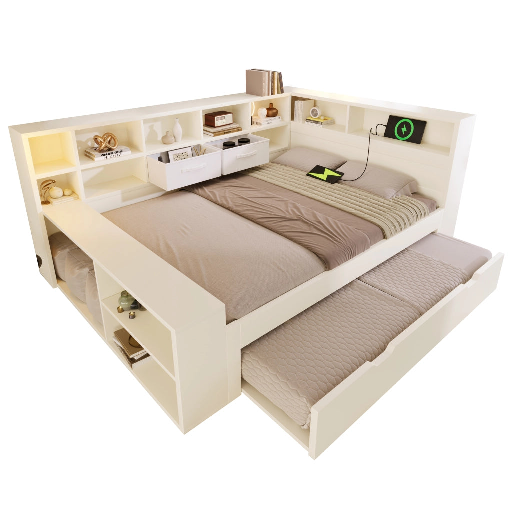 Letto Estraibile 140x200 cm e 90x190 cm - USB; Type-C e 8 Vani - in Legno - Bianco
